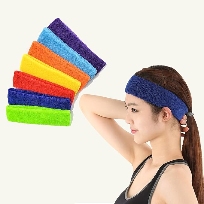 Cotton Sports Headbands - 7 Colorful Sweatbands for Men & Women, Non-Slip Headbands for Running, Fitness & Gym