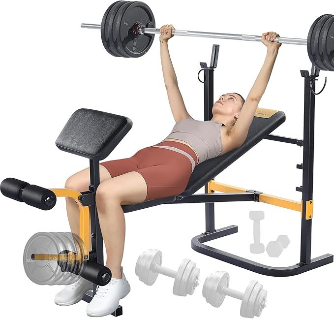 SPORTSOUL Adjustable Weight Bench Press Set with Squat Rack Dual Function Leg Exercises Preacher Curl Rack Pad Strength Training for Home Gym Full Body Workout Multi-functional, Balck and yellow