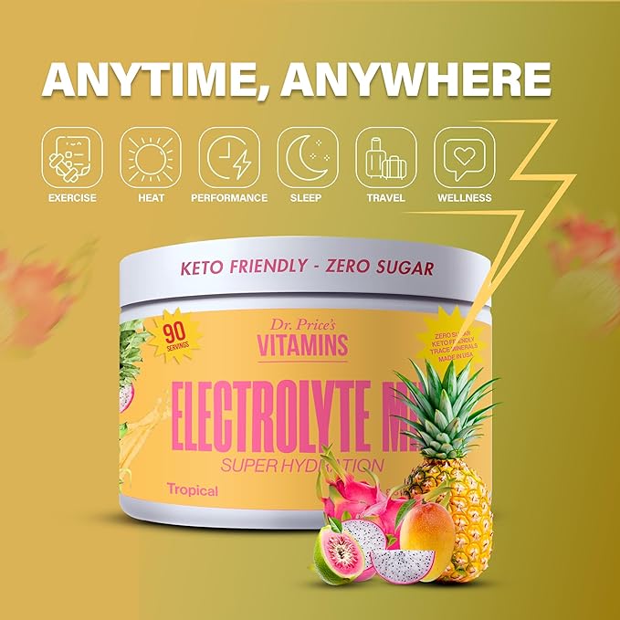 Dr. Price’s Electrolyte Mix | Sugar-Free Hydration Powder with 72+ Trace Minerals | No Sugar, Fast-Dissolving Electrolytes Powder Packets | Tropical, 90 Servings