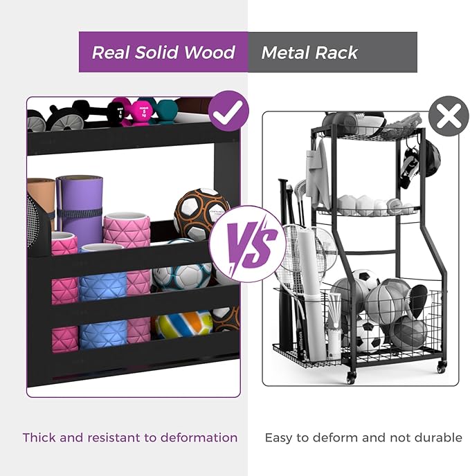Weight Rack for Dumbbells, Home Gym Organizer Rack Yoga Mat Holder with Wheels and Hooks, All in One Workout Storage for Yoga Mat, Foam Roller, Gym Storage Storage for Home Exercise(Wood)