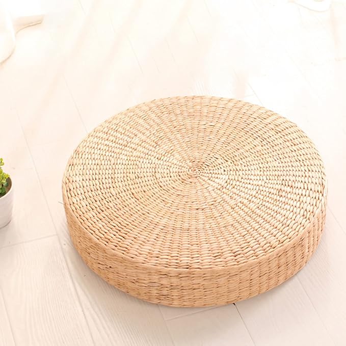 Comfortable Round Seat Cushion Woven Floor Cushion, Natural Straw Pouf Tatami Floor Poufs Meditation Cushion 40cm