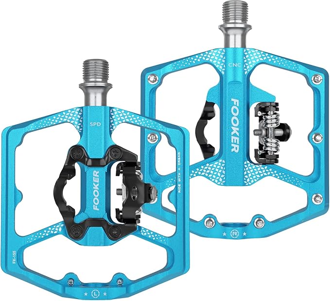 FOOKER MTB Mountain Bike Pedals, Dual Function Flat and Pedal,3 Sealed Bearing Flat Platform Compatible with Clipless Pedal Aluminum 9/16" Pedals with Cleats for Road Mountain BMX MTB