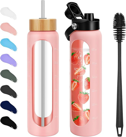 25 oz Glass Water Bottles - Motivational Tumbler With Time Marker - Borosilicate Glass With Silicone Sleeve and 2 Lids, Handle Spout & Bamboo Straw Lid (Pink)