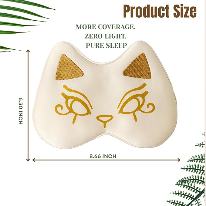 Silk Sleep Mask Blindfold Eye Mask for Sleep Cute Cat Print Embroidered Eye Cover Adjustable Oversized Egyptian Bastet with Gift Box&Pouch(Isis Ivory-Adjustable Strap)