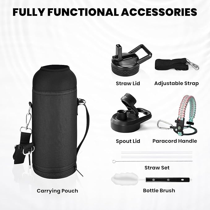 Insulated Water Bottle 40 oz, Triple Wall Vacuum Stainless Steel (Cold for 48 Hrs), Leak Proof & BPA-Free, Modern Water Flask Jug with Paracord Handle & Straw Spout Lids, Hydrangea