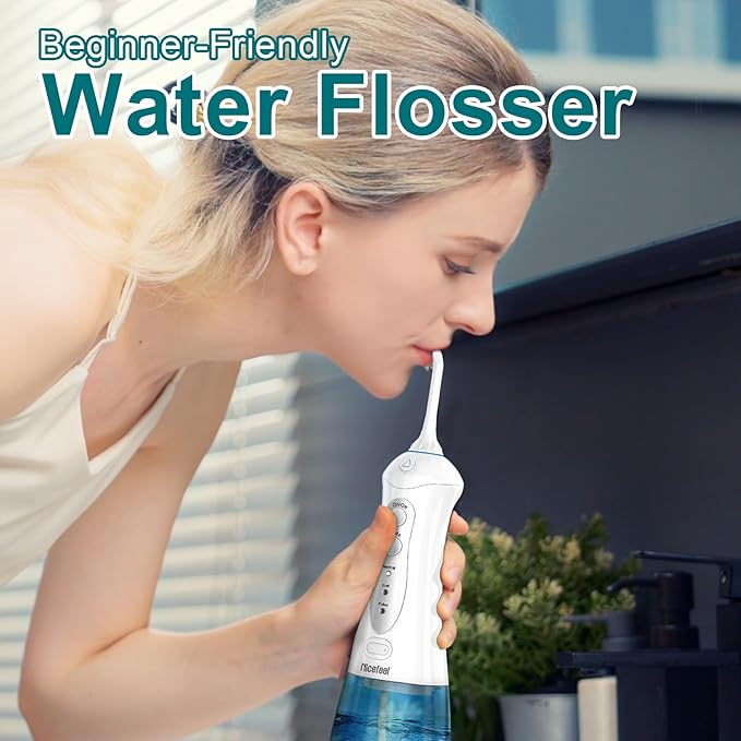 Nicefeel Water Dental Flosser Teeth Pick - Fast Charge Cordless Teeth Cleaner, 3 Modes Portable Oral Irrigator, IPX7 Waterproof Electric Water Dental Flosser for Tonsil Stone, 300ML Tank