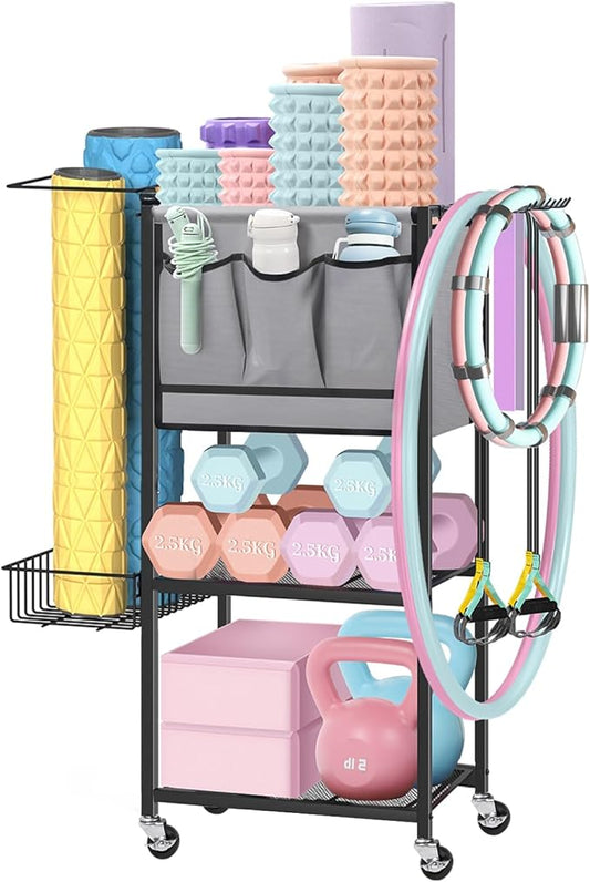 NANANARDOSO Home Gym Storage Rack, Yoga Mat Storage and Gym Organizer Rack for Home Exercise, Gym Portable and Movable Equipment Rack for Yoga Mats, Foam Rollers, Dumbbells, Resistance, Black