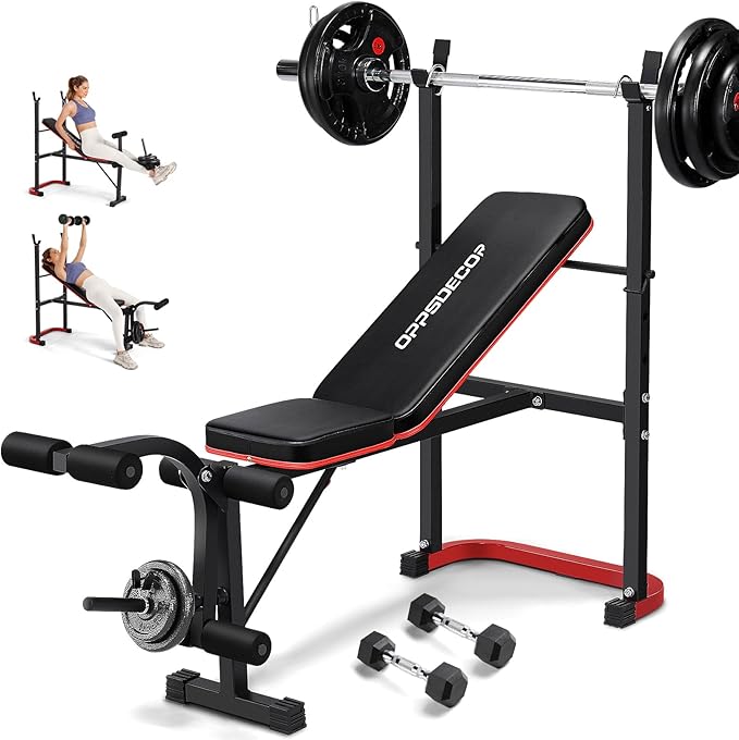 OPPSDECOR 661LBS Weight Bench Set, 8 in 1 Adjustable Bench Press with Squat Rack Leg Extension & Leg Curl Workout Bench with Safety Bar Catches Standard Weight Training Benches for Home Gym