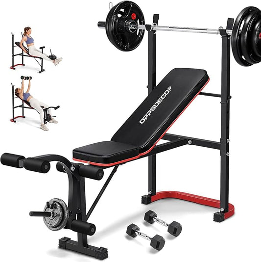 OPPSDECOR 661LBS Weight Bench Set, 8 in 1 Adjustable Bench Press with Squat Rack Leg Extension & Leg Curl Workout Bench with Safety Bar Catches Standard Weight Training Benches for Home Gym