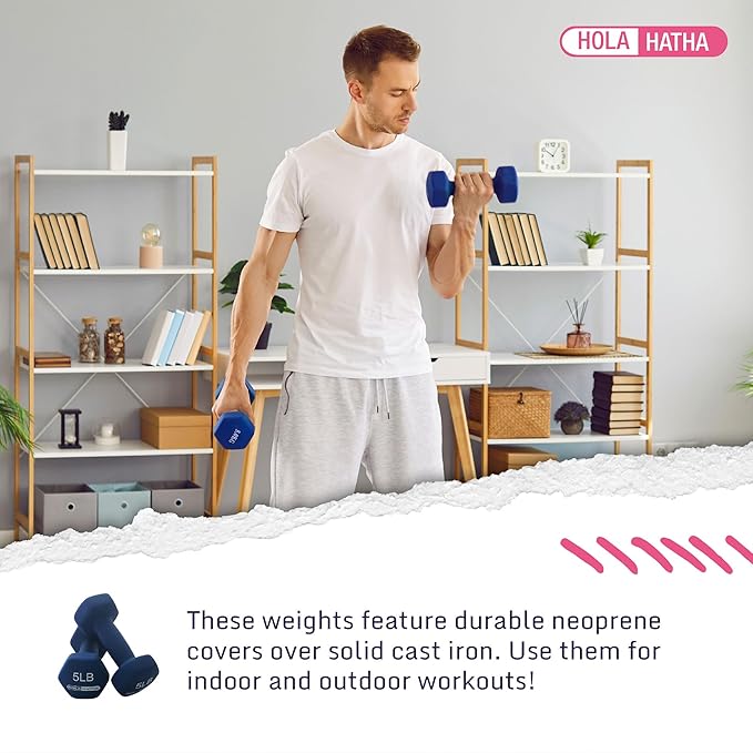 HolaHatha 2, 3, 5, 8, and 10 Pound Neoprene Dumbbell Free Hand Weight Set with Rack, Ideal for Home Exercises to Gain Tone and Definition, Pastel