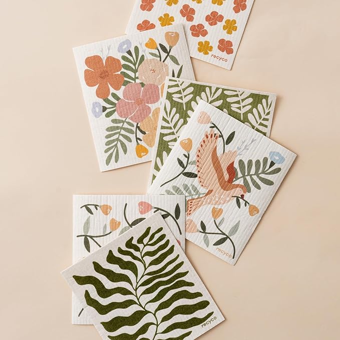 RECYCO Swedish Dishcloths for Kitchen | 6 Pack Birdsong and Blooms Washable Dish Rags | Cellulose Reusable Cleaning Paper Towels | Absorbent Counter Dish Cloth Sponge Kitchen Wipes, 8" L x 7" W