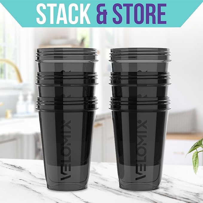 -6 PACK- Shaker Cups for Protein Shakes 20 oz - 6x Wire Whisk | Leak Proof Protein Shaker Bottle for Protein Shakes, Shaker Bottle Pack for Pre & Post Workout, Shaker Cup (ALL IN BLACK)