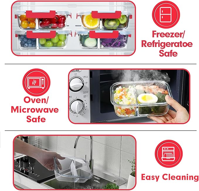 VERONES 10 Pack Meal Prep Containers - 2 Compartment Set, 36OZ Airtight Glass Lunch Containers, Microwave, Oven, Freezer & Dishwasher Safe, Red