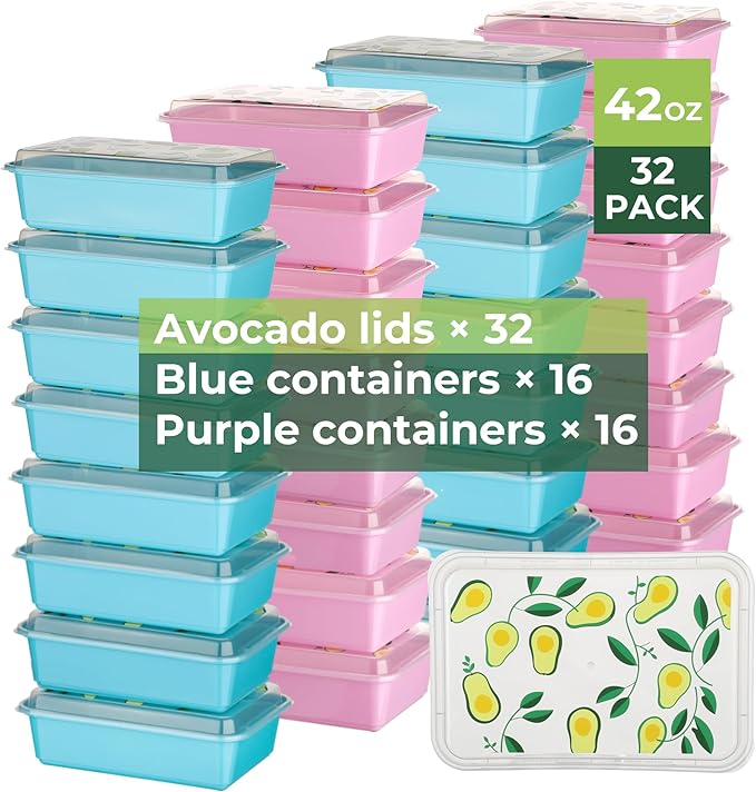 32 Pack 42 oz Meal Prep Containers, Reusable Plastic Food Prep Storage Containers with Printed Lids, Stackable, Leakproof, Microwave & Freezer & Dishwasher Safe,To Go Take Out Box, Avocado
