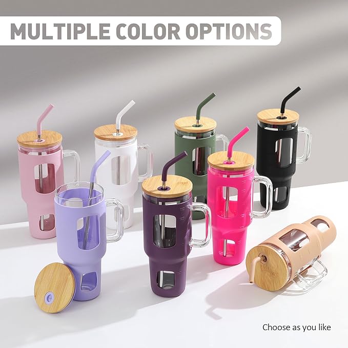 Glass Tumbler with Straw and Lid, 40 oz glass cup with handle, Glass Water Bottles with Time Marker, Silicone Protective Sleeve-Pink