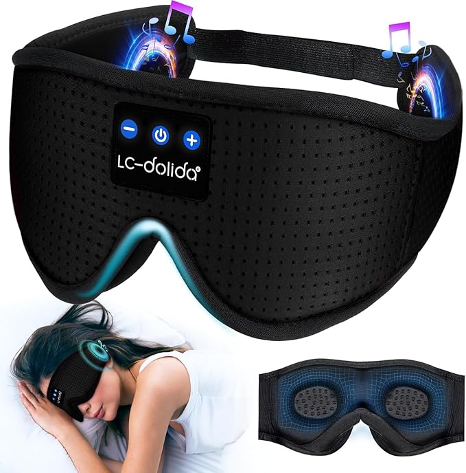 LC-dolida Sleep Headphones, 3D Sleep Mask Bluetooth Wireless, Sleeping Headphones for Side Sleepers Sleep Eye Mask Music Weighted Sleeping Mask Meditation Gifts for Men Women (Black)