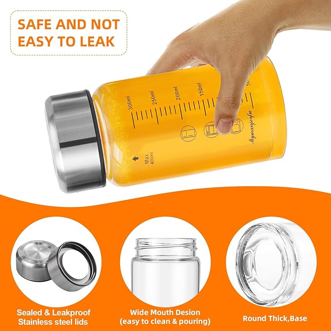 Glass Juice Bottles 4 Pack 12 oz - Wide Mouth Glass Water Bottles with Lids - for Juicing, Smoothies, Milk, Protein, BPA Free, Reusable, Stainless Steel Lids, Leak Proof, Shaker bottle (12oz/400ml)