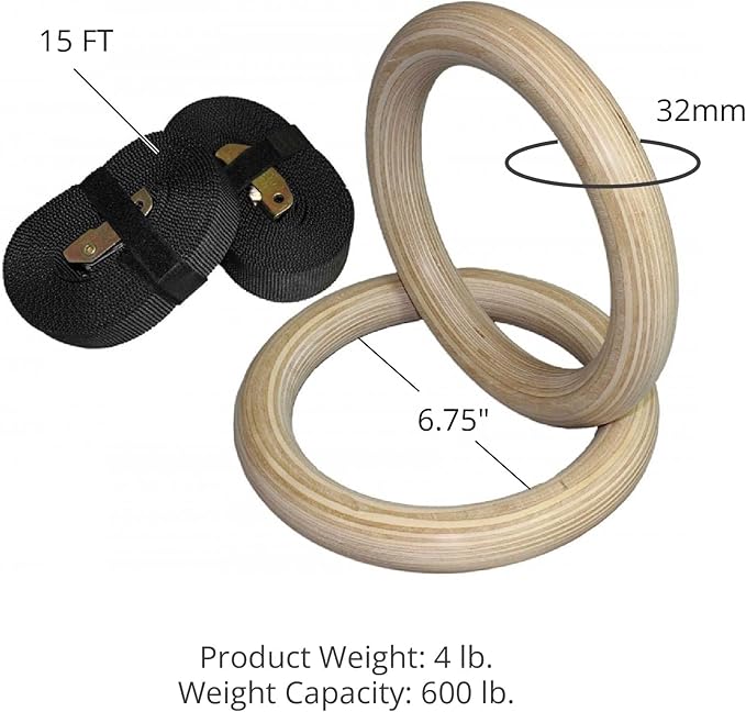 Titan HD Wall Mounted Pull Up Chin Up Bar with 8 in. Wood Olympic Gymnastic Rings - 1.5 in. W Heavy Duty Thick Straps &