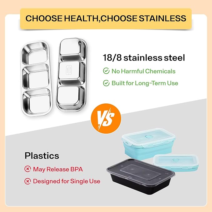 Stainless Steel Snack Containers, Reusable Snack Containers with Lids Stainless Steel Lunch Box with 3 Compartment Divided Food Storage for Home Work Travel Outdoor Camping (Yellow 3 Pack)