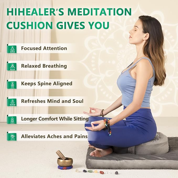 Hihealer Meditation Cushion, Traditional Tibetan Meditation Pillow Velvet Cover - Large Floor Cushion Seating for Adults - Yoga Buckwheat Bolster for Women、Moms