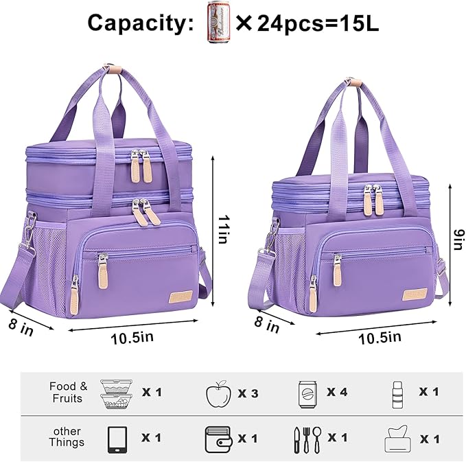 Weitars Insulated Lunch Box for Women Men-Dual Compartment Waterproof Reusable Large Lunch Bag Wide-Open Tote Cooler Bag for Working Picnic Hiking (15L) (Purple)