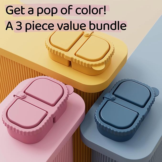 3 Pack Reusable Silicone Snack Containers with Lids, 8.5oz 2 Compartment Snackle Box Containers,Ideal Portable Small Food Storage Box for School, Office and Picnic(Blue, Pink, Yellow)