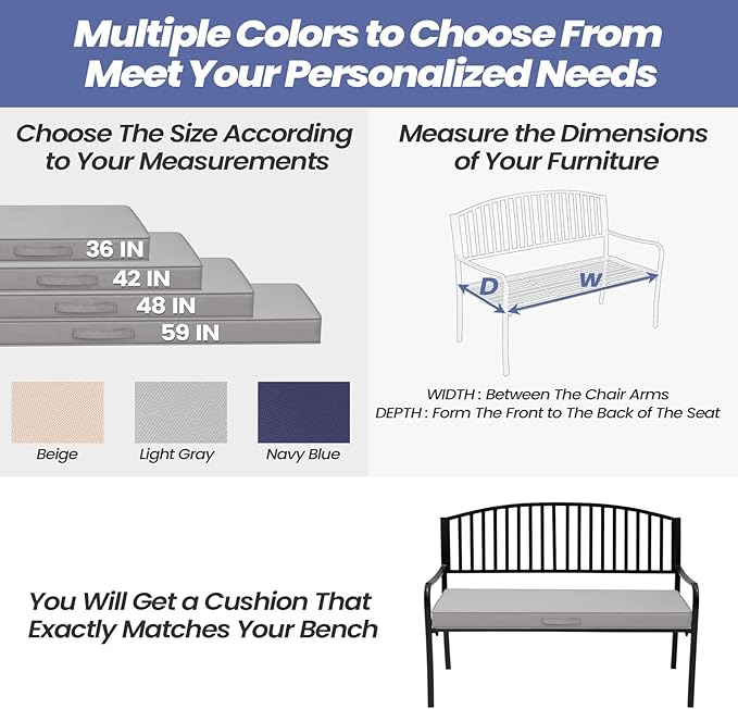 Crestlive Products Outdoor Bench Cushion 48 x 18 Inch, Waterproof Patio Bench Cushions for Outdoor Furniture, Porch Swing Replacement Pad with 30D Foam, Adjustable Straps and Portable Handle, Gray