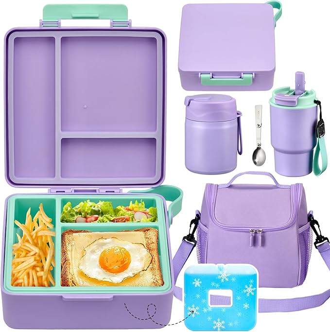 Lunch Box Set with Bento Box Container, 17OZ Stainless Steel Food Soup Thermo, Kids Water Bottle & Portable Insulated Lunch Bag – Leakproof, Hot/Cold Retention for School, Travel (Purple)