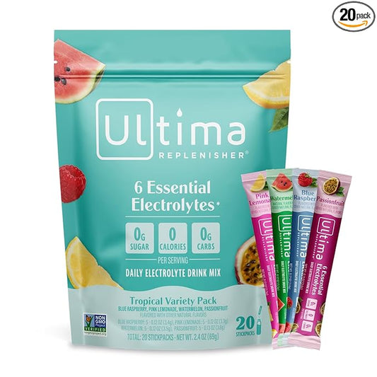 Ultima Replenisher Daily Electrolyte Powder Drink Mix – Sugar Free – Tropical Variety, 20 Stickpacks – Hydration Packets with 6 Electrolytes and Minerals – Keto Friendly, Non-GMO