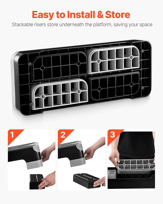 VEVOR Aerobic Exercise Step Platform, 28-Inch Workout Aerobic Stepper, Height Adjustable Fitness Training Step Deck Trainer with 4 Risers, Non-Slip Surface Bench for Home Gym Cardio Strength