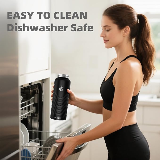 24oz Stainless Steel Insulated Water Bottle, 48H Cold & 24H Hot, Leak-Proof Wide Mouth Lids (Straw & Spout), BPA-Free Bottles, Mens Water Bottle for Gym, Hiking, Travel - Black