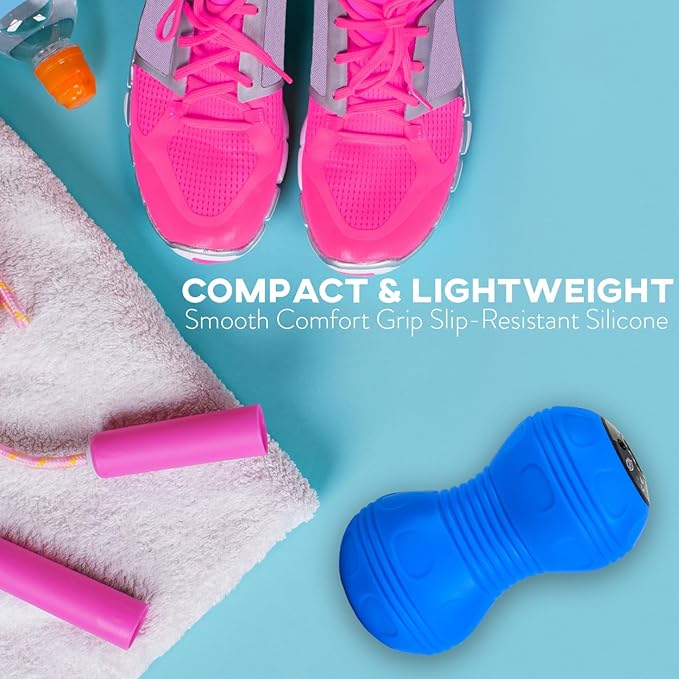 Vibrating Peanut Massage Ball - Deep Tissue Trigger Point Therapy, Myofascial Release - Handheld, Cordless - 4 Intensity Levels - Dual Lacrosse Ball Vibration Massager (Blue)