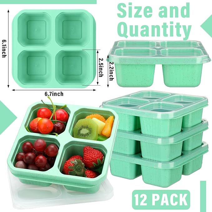 12 Pcs 4 Divided Compartments Snack Containers Bento Wheat Straw Snack Box with Lid Reusable Meal Prep Lunch Box Food Storage Containers for Adults Travel Work (Green)