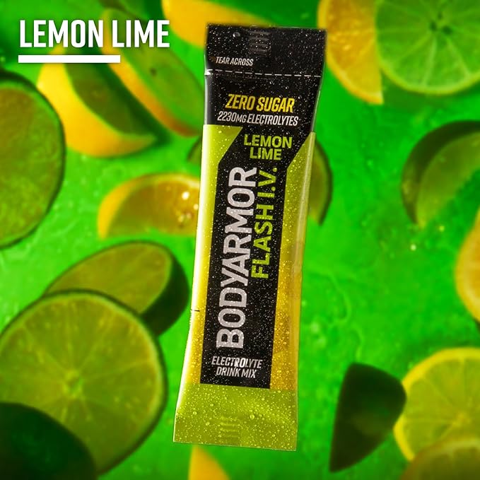 BODYARMOR Flash IV Electrolyte Packets, Lemon Lime - Zero Sugar Drink Mix, Single Serve Packs, Coconut Water Powder (15 Count)