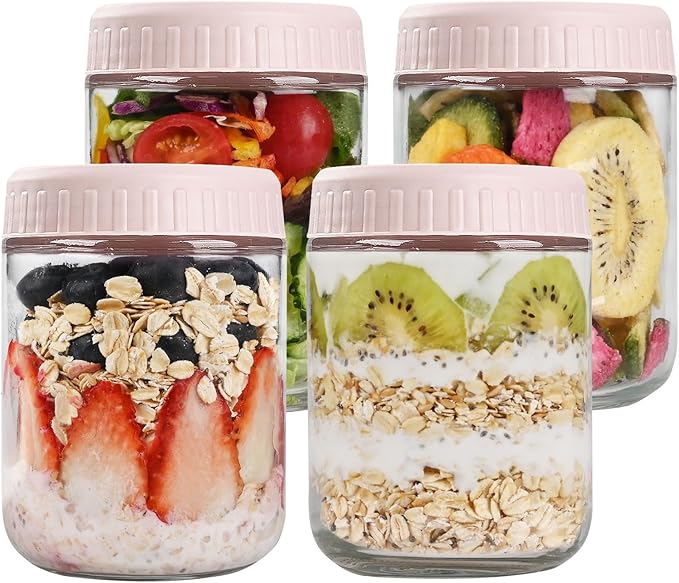 Overnight Oats Containers with Lids, 16oz Glass Jars with Lids 4 pcs, Pink, Wide Mouth Mason jars for Salad, Yogurt, Snacks, Meal Prep