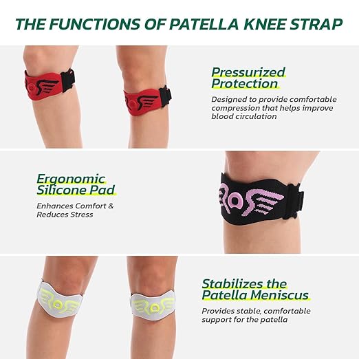 2 Pack Patella Knee Strap Band for Knee Pain Knee Support Patella Stabilizer Braces Tendon Ergonomic Silicone Pad (with 2 adjustable straps, one long & one short)
