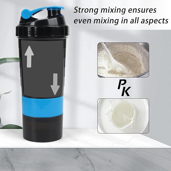 Shaker Bottle - Protein Shaker Cup with Storage Compartments - Leak-proof Workout Shake Bottles with Mixer for Smooth Mixing-500ML/16oz (BLUE & BLACK)