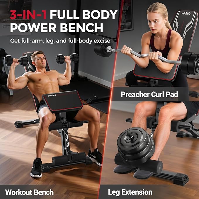 FLYBIRD 3 in 1 Adjustable Weight Bench with Leg Extension & Preacher Curl Pad for Full Body Workout, 800LBS Foldable Exercise Bench at Home Gym, Portable Lifting Incline Decline Flat Strength Training