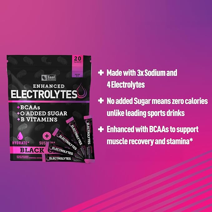 Enhanced Electrolyte Powder Stick Packs (Black Cherry | 20 Packets) w/ 0 Sugar +BCAAs +B-Vitamins Electrolyte Supplement w Potassium Zinc & Magnesium for Hydration - Keto Electrolytes