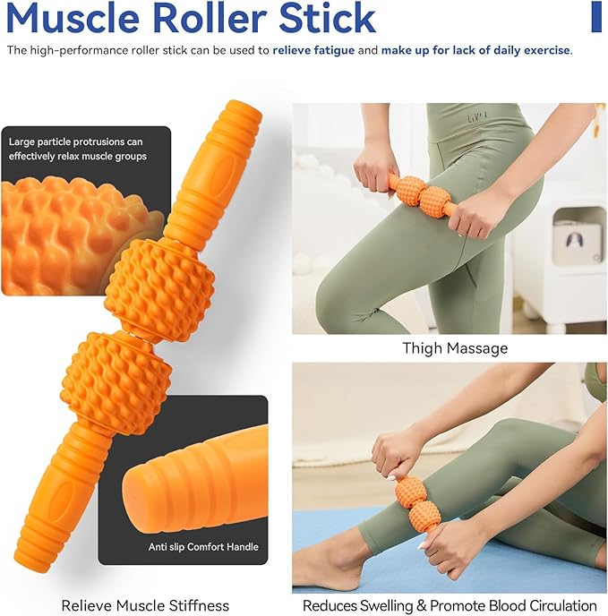 5 in 1 Foam Roller Set - Deep Tissue Foam Roller, Muscle Roller Stick, Massage Ball, Resistance Band for Physical Therapy & Deep Tissue Muscle Massage (Orange)
