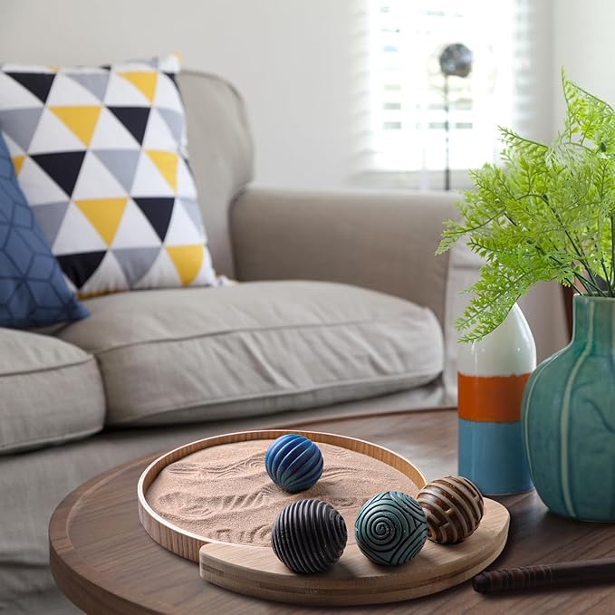 Melonva Mini Zen Garden for Desk - 9.5''x9.5'' Automatic Desk Sand Tray Therapy Kit with 4 Stamp Spheres