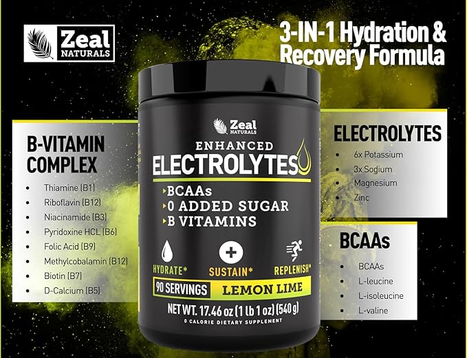 Enhanced Electrolyte Powder (Lemon Lime | 90ct.) w/ 0 Sugar +BCAAs +B-Vitamins Electrolyte Supplement w Potassium Zinc & Magnesium for Hydration - Keto Electrolytes