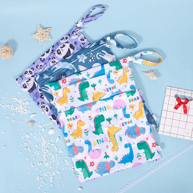 babygoal Wet Dry Bags for Baby Cloth Diapers, Washable Travel Bags,Beach,Pool,Gym Bag for Swimsuits &Wet Clothes with Two Zippered Pockets 3 Pack, 3LN04