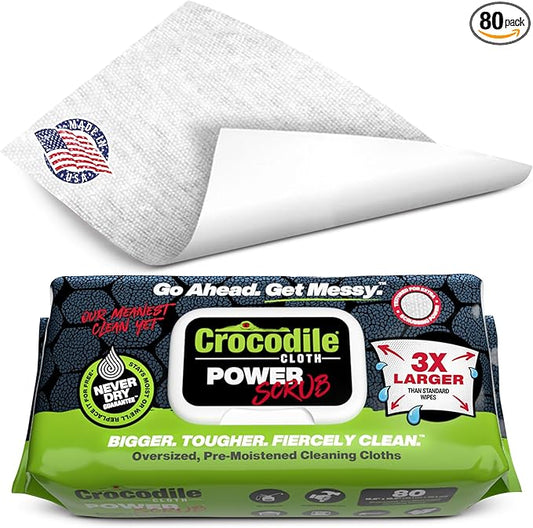 Crocodile Cloth PowerSCRUB Cleaning Wipes – 80 (15" x 10") Dual-Surface Cloths, Heavy-Duty, Moist, Absorbent, & Disposable - Safe on Skin & Multiple Surfaces