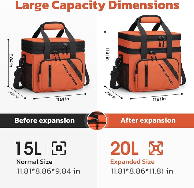 Maelstrom Lunch Box, 20L Insulated Lunch Bag for Men Women, Expandable Double Deck Leakproof Cooler Bag with 6 Pockets, Reusable Lunch Tote Bag for Work, Picnic, Travel, Orange