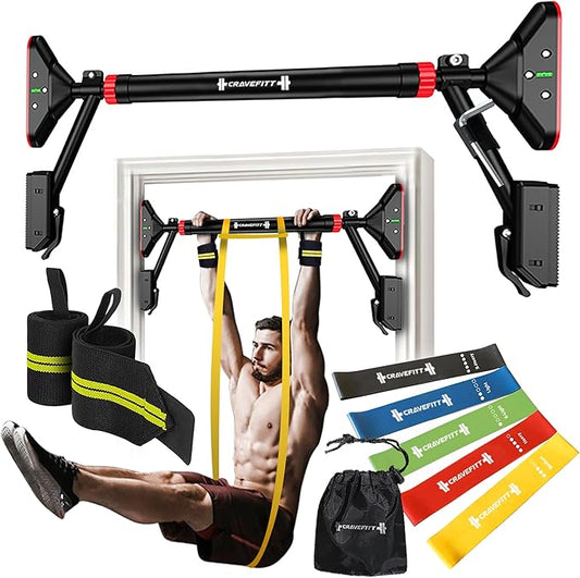 Pull Up Bar for Doorway with Resistance Bands & Wrist Wraps, Adjustable Chin Up Bar for Upper Body Workouts, 29.9" - 35.5" Locking Mechanism, No Screw Installation, Supports 880 lbs