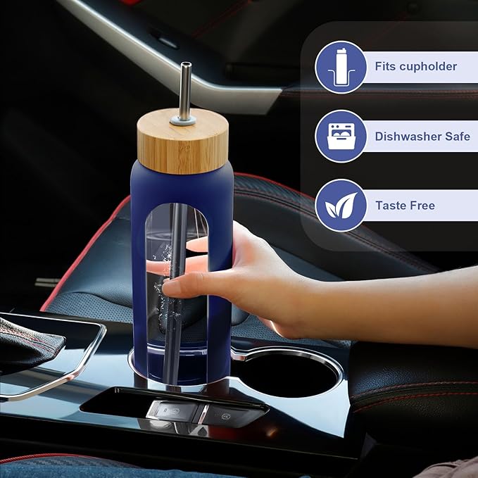 32 oz Glass Water Bottles - 1 Liter Motivational Tumbler Water Bottle Time Marker - Borosilicate Glass Water Bottle With Silicone Sleeve and 2 Lids, Handle Spout & Bamboo Straw Lid