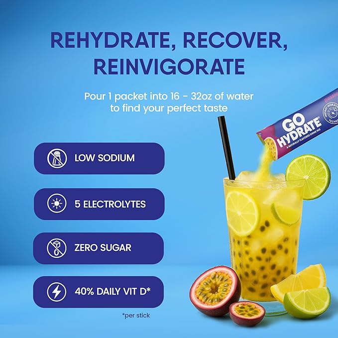 GoHydrate Instant Hydration Powder Packets - Low Sodium Electrolytes Drink Mix - Natural Hydration Support, Sugar Free Electrolyte Flavored Powder Drink with Vitamin D, 30 Packs, Passion Fruit