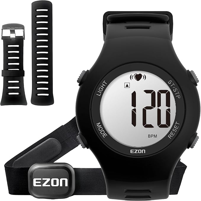 EZON Heart Rate Monitor Chest Strap and Digital Watch T037,5ATM Waterproof Fitness Tracker with HRM,Calories Burned,Stopwatch and Hourly Chime (Watch Band Included)