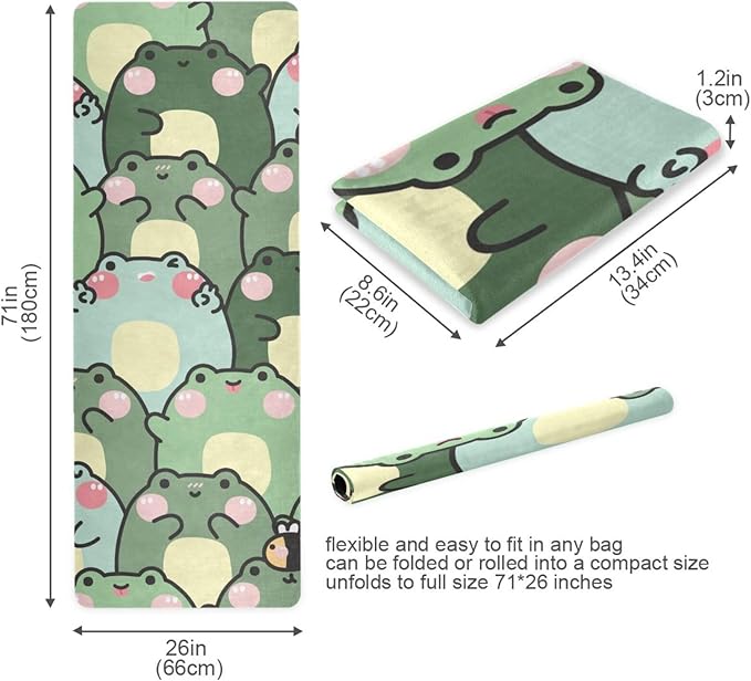 Cute Chubby Frog Yoga Mat, 71 x 26 Inch Non-slip Yoga Mats Folding Travel Exercise Mat Indoor Outdoor Gym Pilates with Storage Bag for Women Men